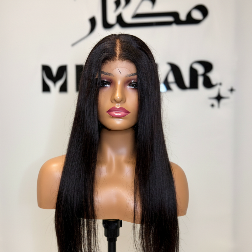 Straight black wig with visible mannequin face
